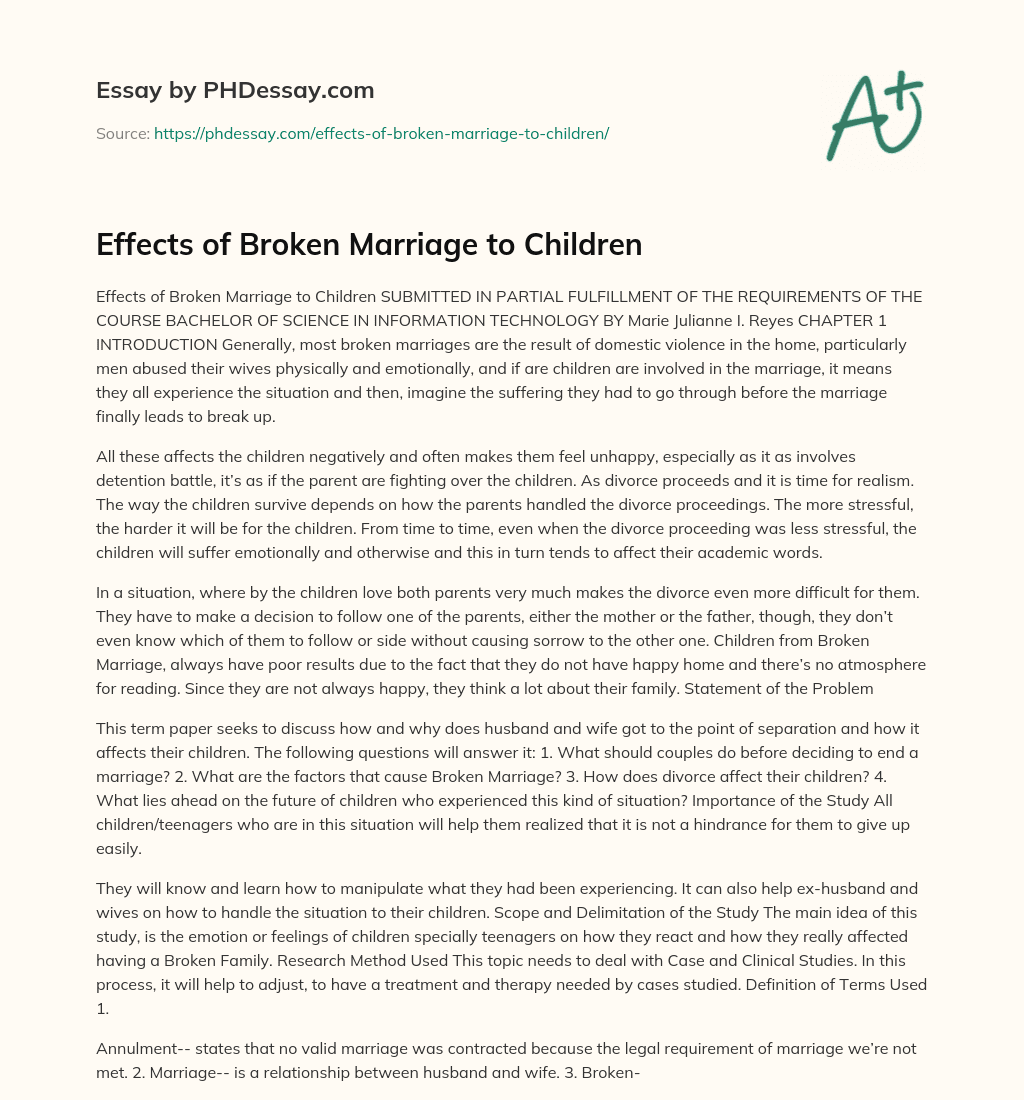 Effects of Broken Marriage to Children essay