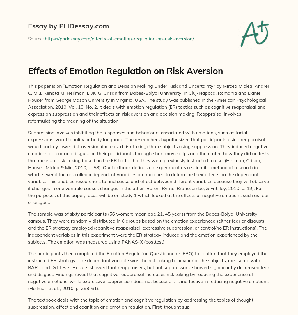 Effects of Emotion Regulation on Risk Aversion essay