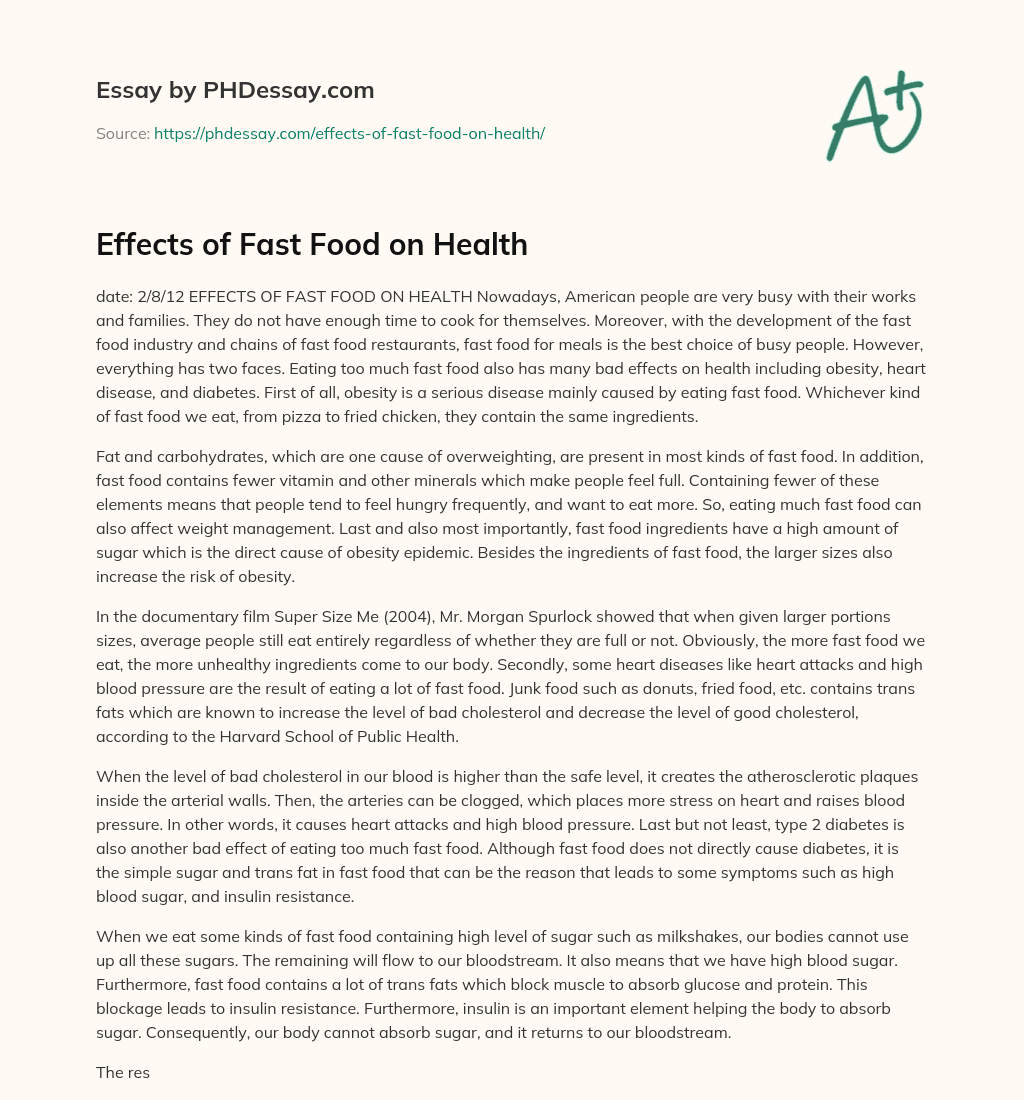 Effects of Fast Food on Health essay