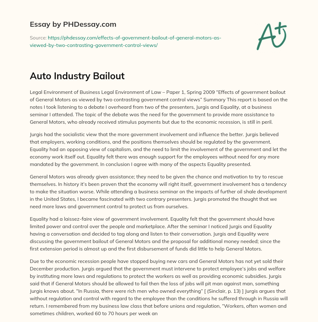 Auto Industry Bailout essay