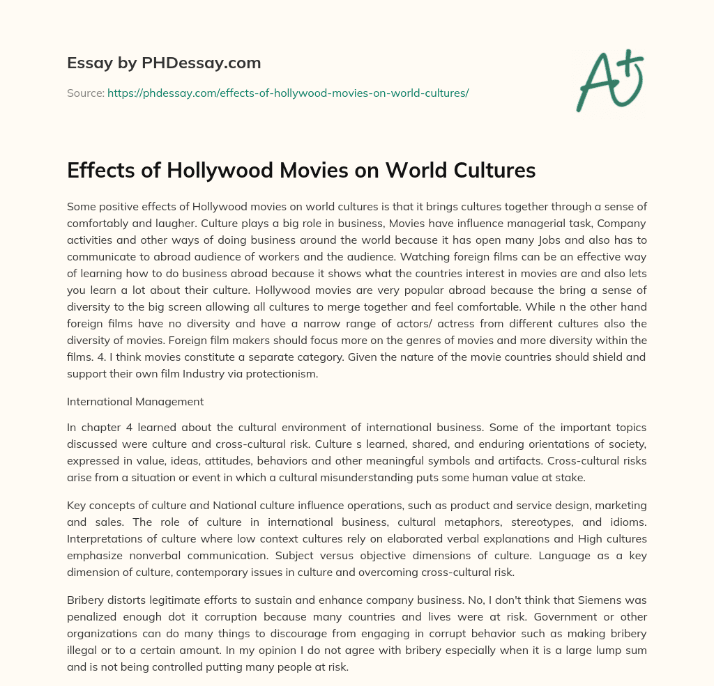 Effects of Hollywood Movies on World Cultures essay