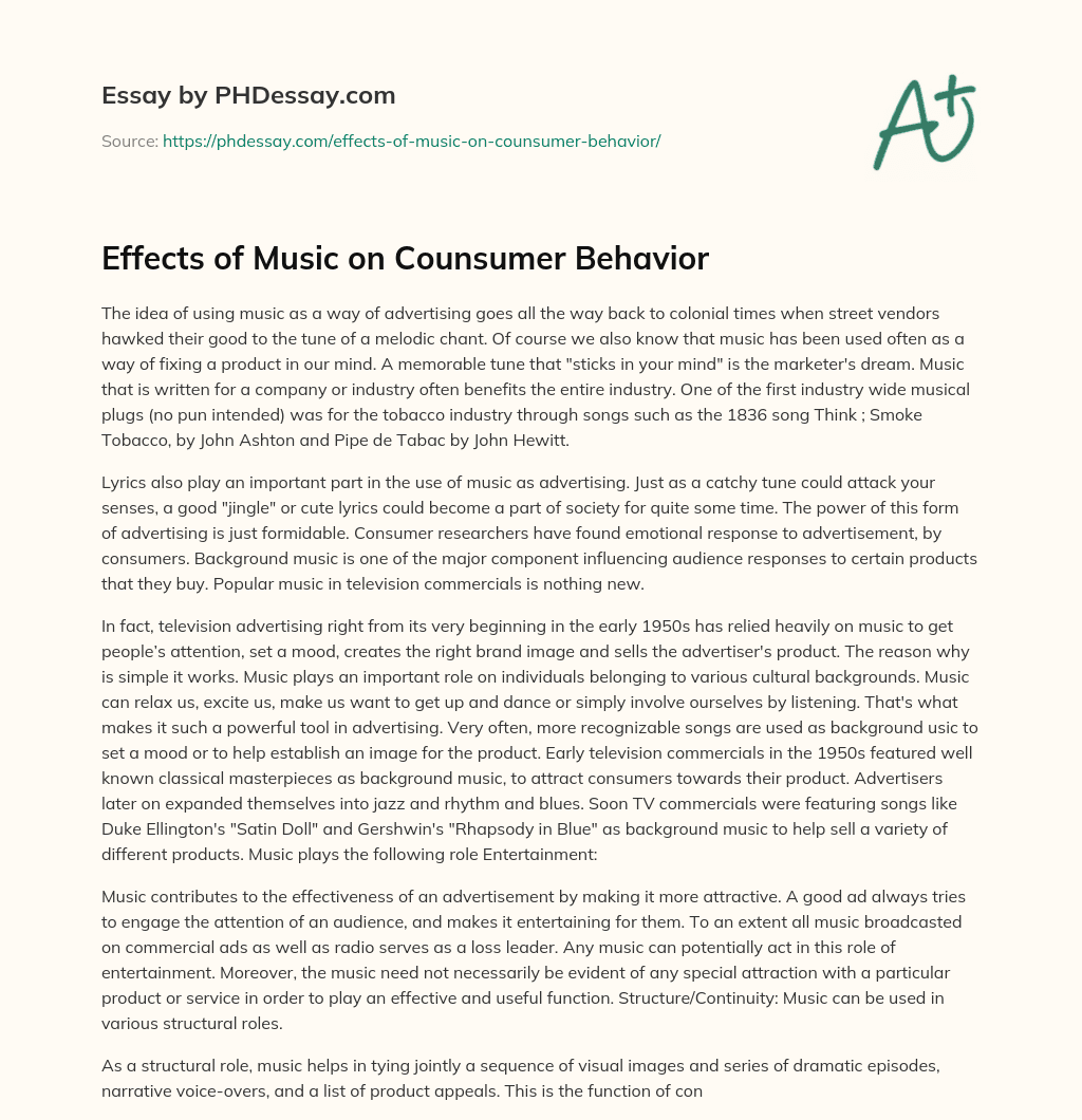 Effects of Music on Counsumer Behavior essay