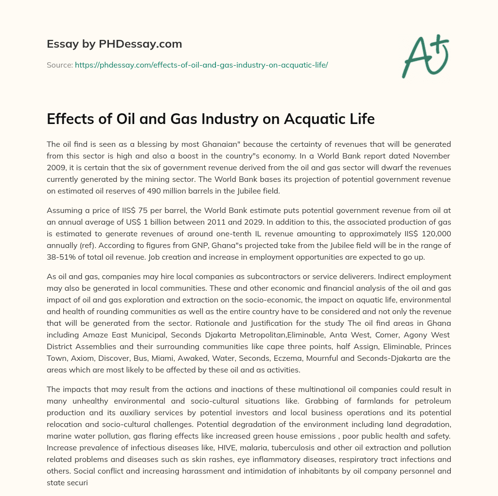 Effects of Oil and Gas Industry on Acquatic Life essay