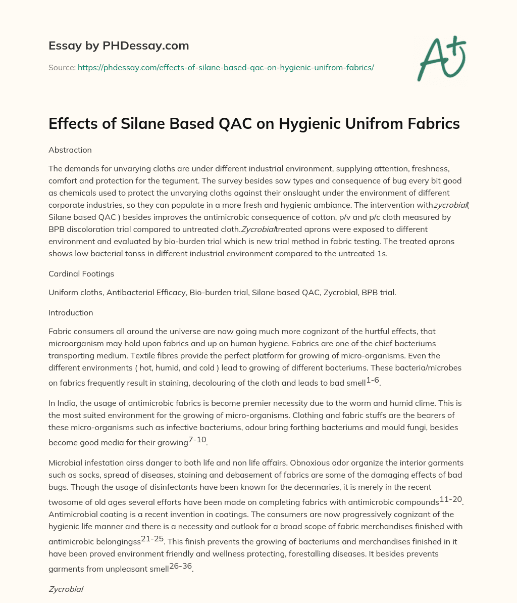 Effects of Silane Based QAC on Hygienic Unifrom Fabrics essay