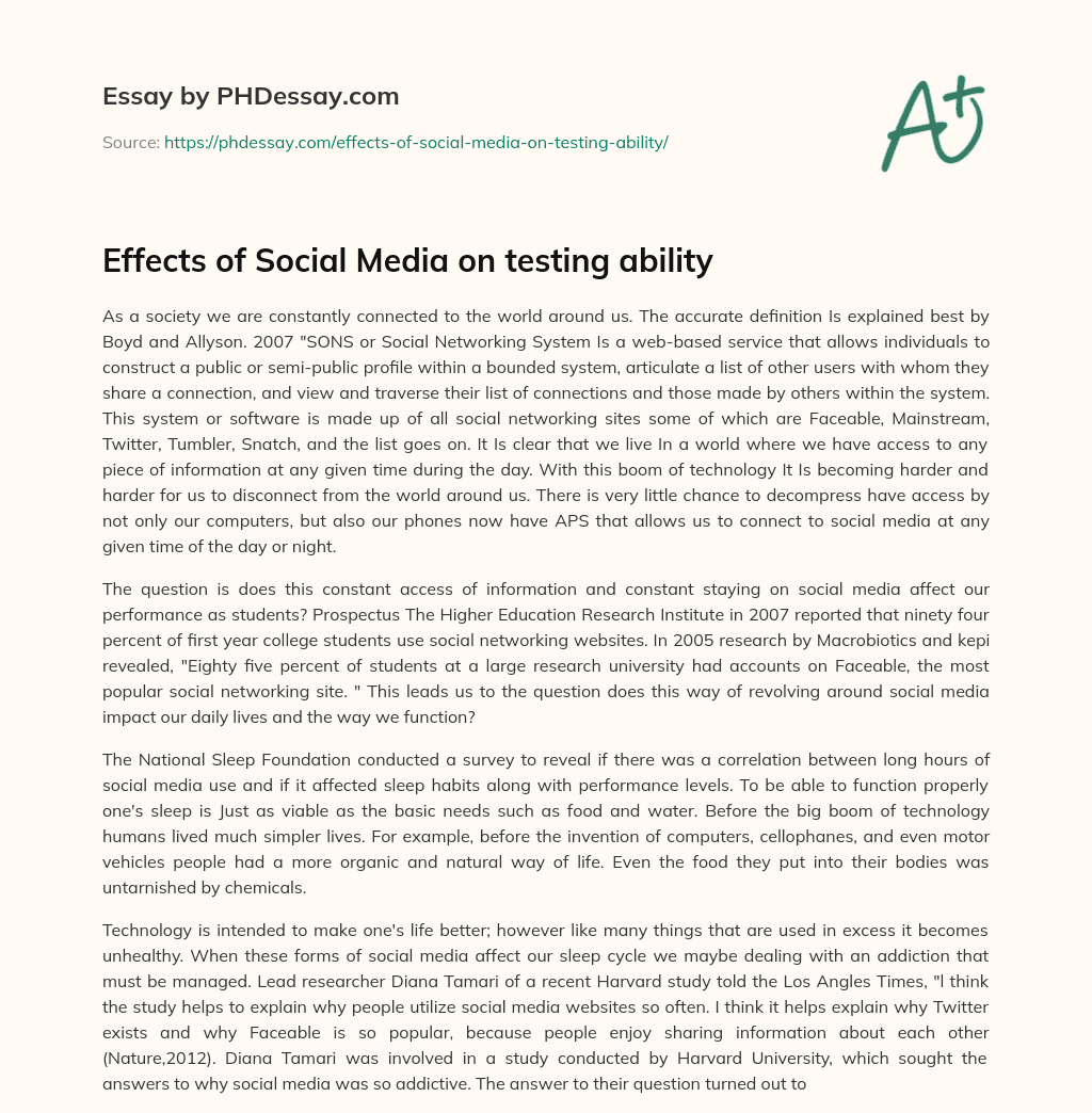 Effects of Social Media on testing ability essay