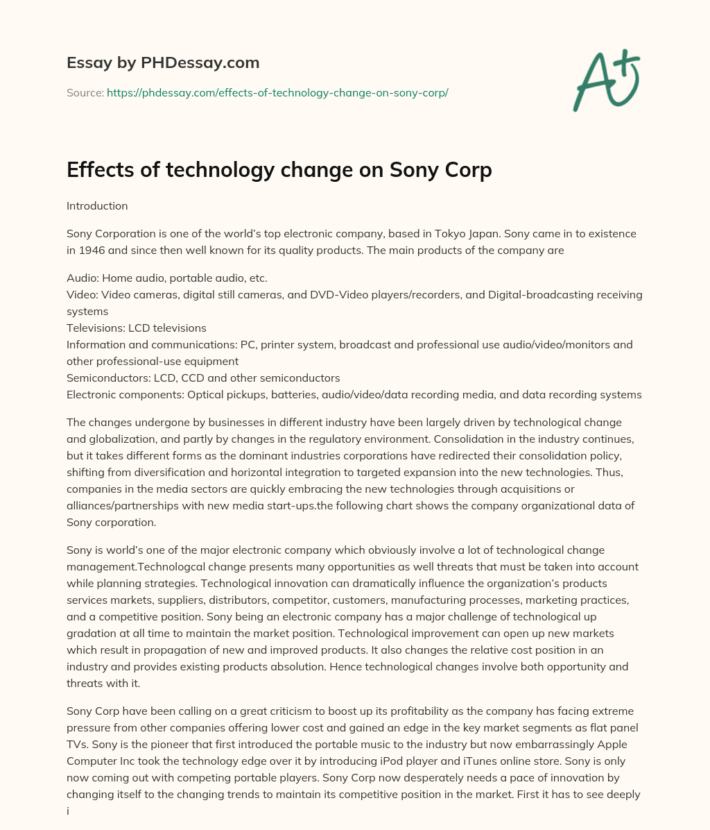 Effects of technology change on Sony Corp essay