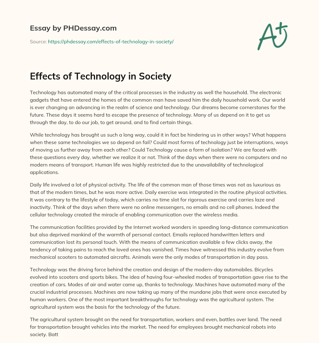 Effects of Technology in Society essay