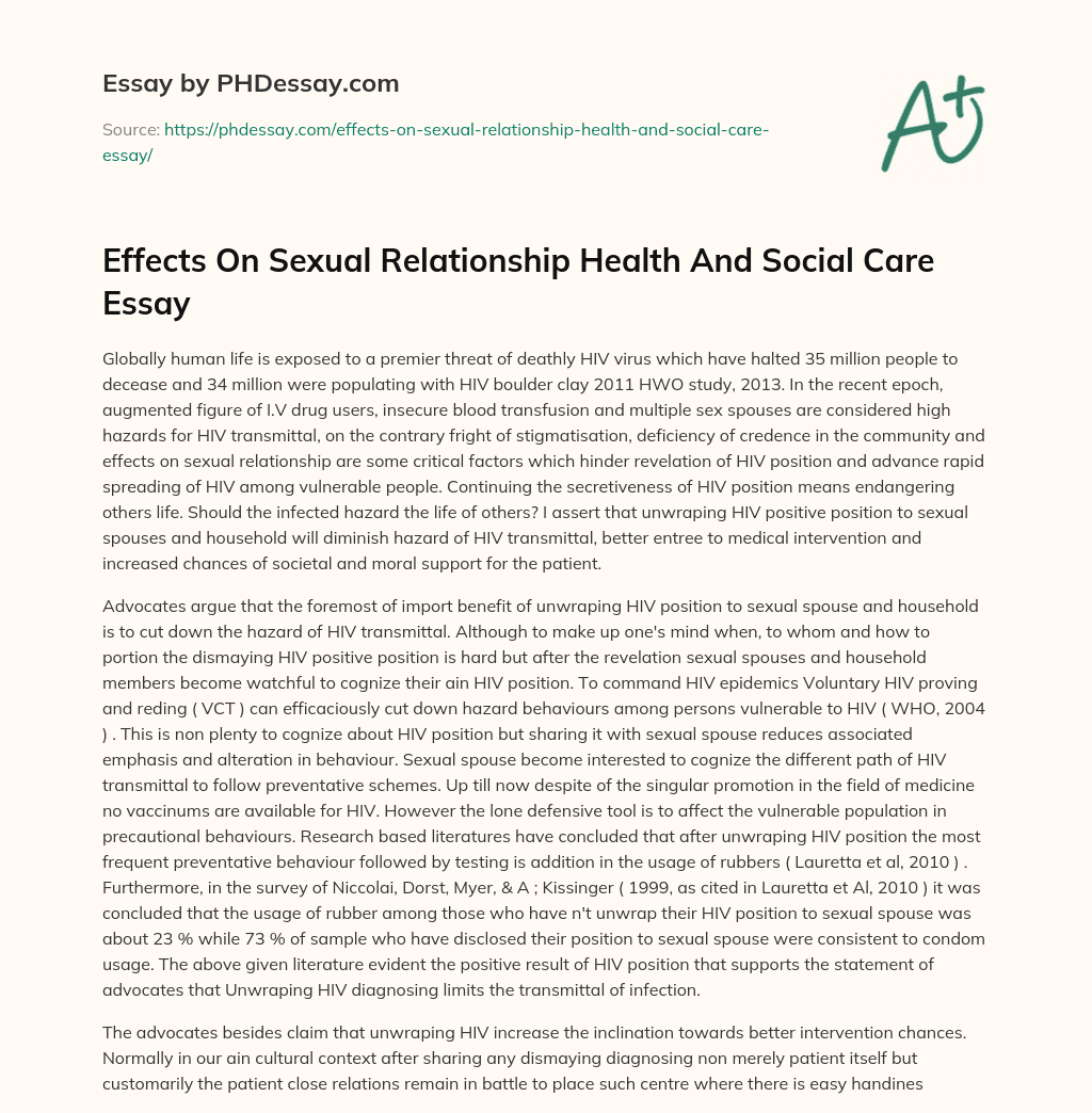 Effects On Sexual Relationship Health And Social Care Essay essay