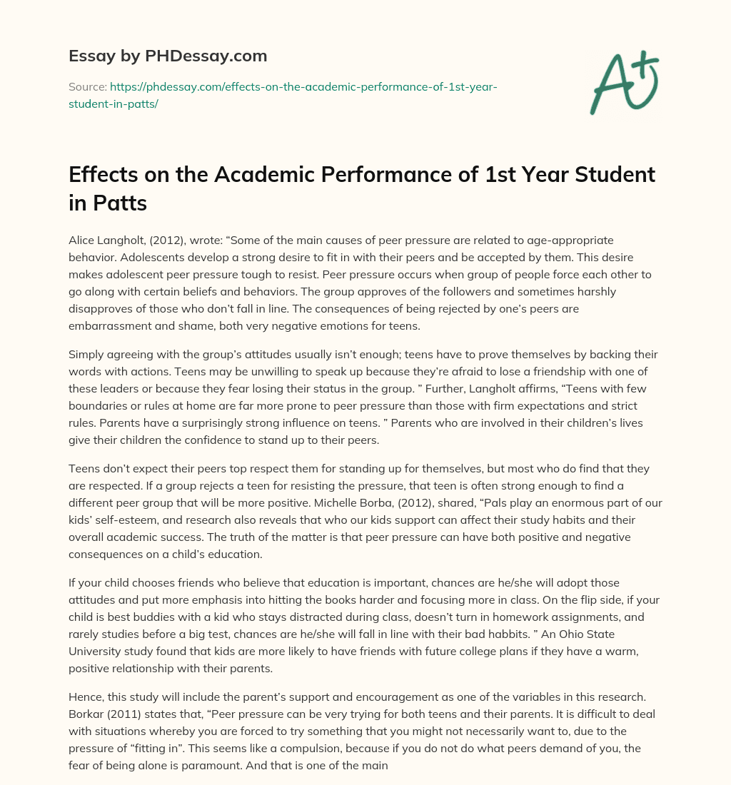 Effects on the Academic Performance of 1st Year Student in Patts essay