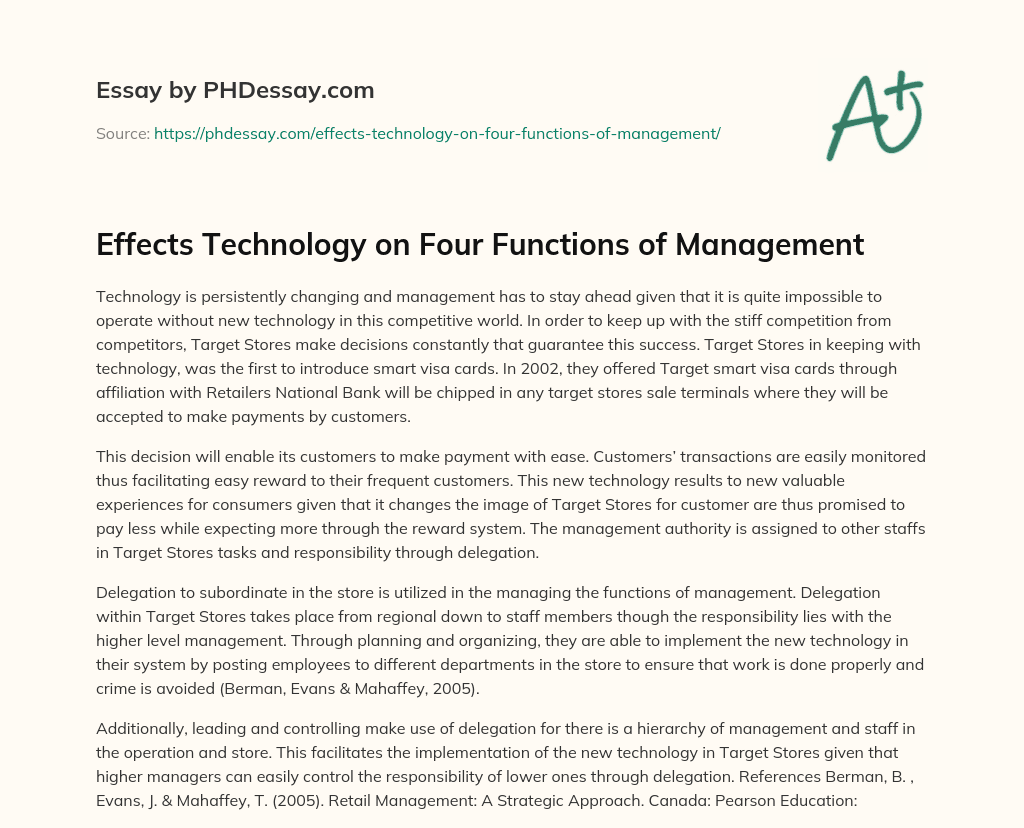 Effects Technology on Four Functions of Management essay