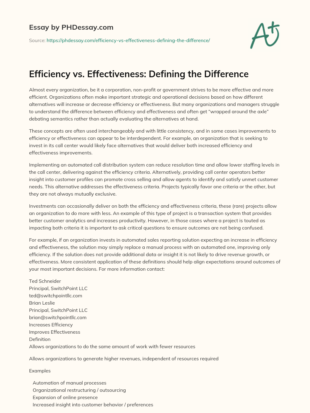 Efficiency vs. Effectiveness: Defining the Difference essay