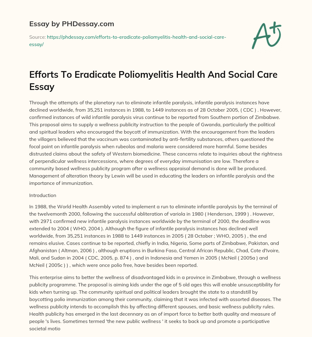 Efforts To Eradicate Poliomyelitis Health And Social Care Essay essay