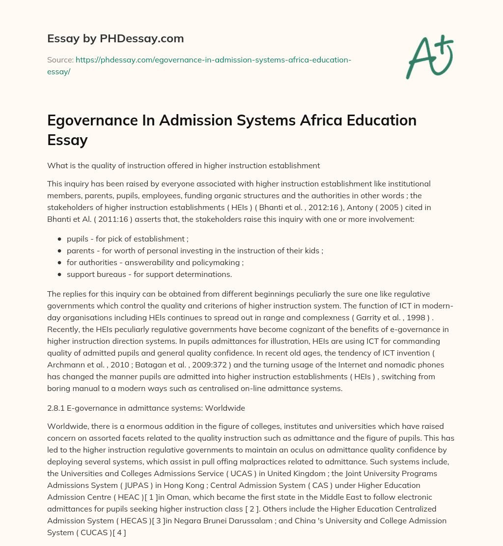 Egovernance In Admission Systems Africa Education Essay essay