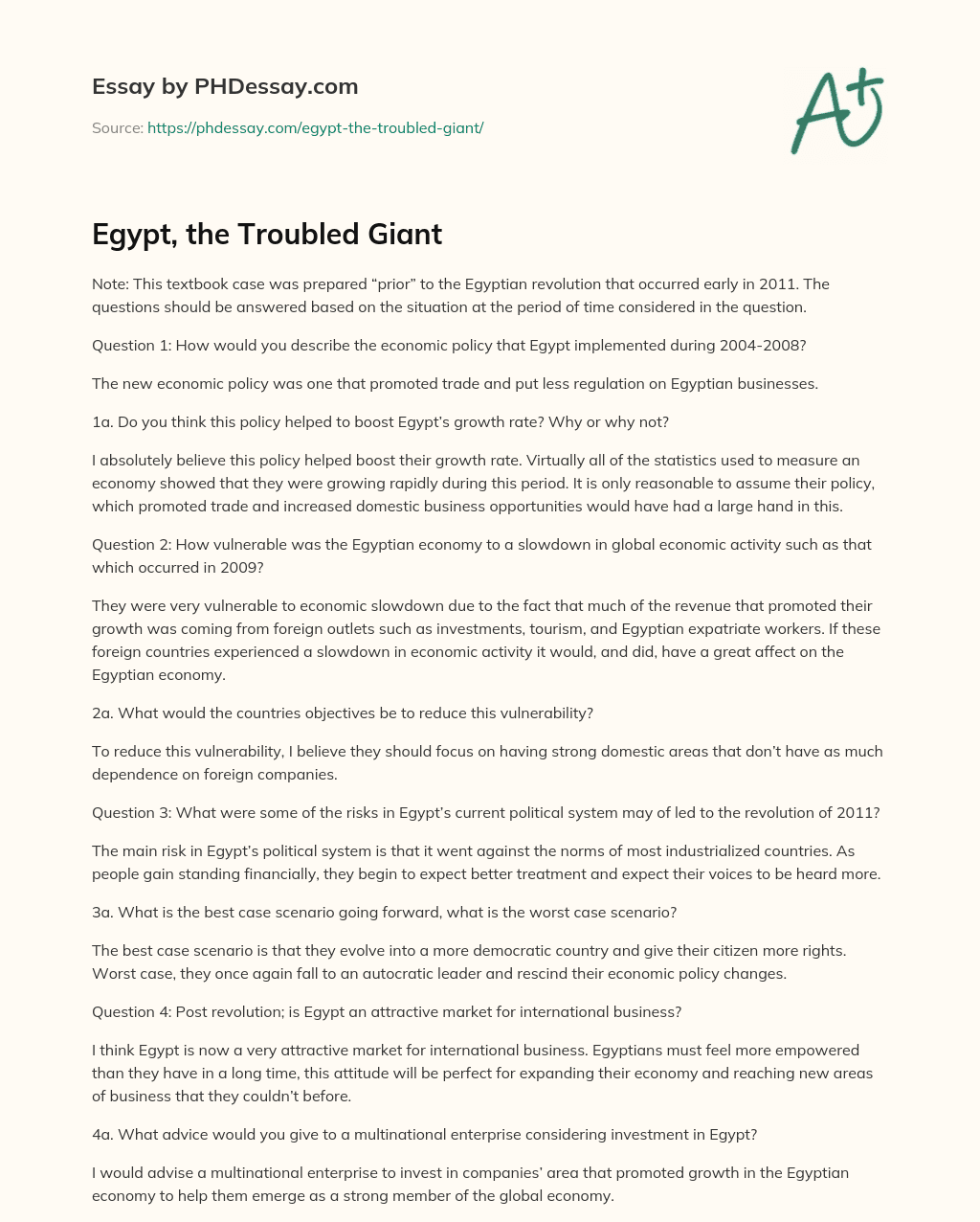 Egypt, the Troubled Giant essay