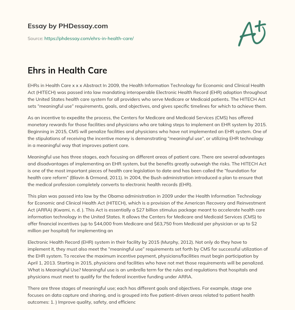 Ehrs in Health Care essay