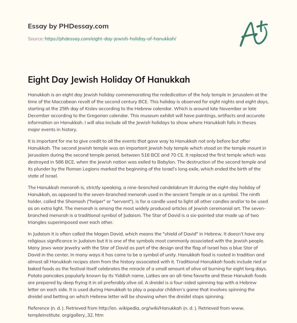 Eight Day Jewish Holiday Of Hanukkah essay