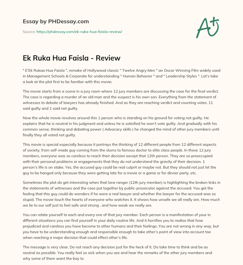 Ek Ruka Hua Faisla – Review essay