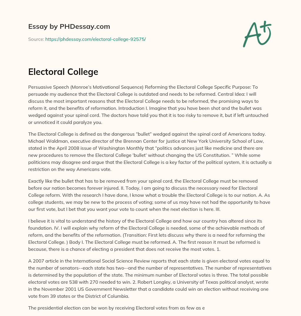 Reforming the Outdated Electoral College: A Persuasive Speech essay