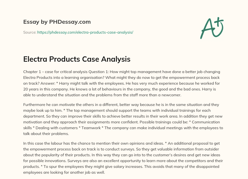 Electra Products Case Analysis essay