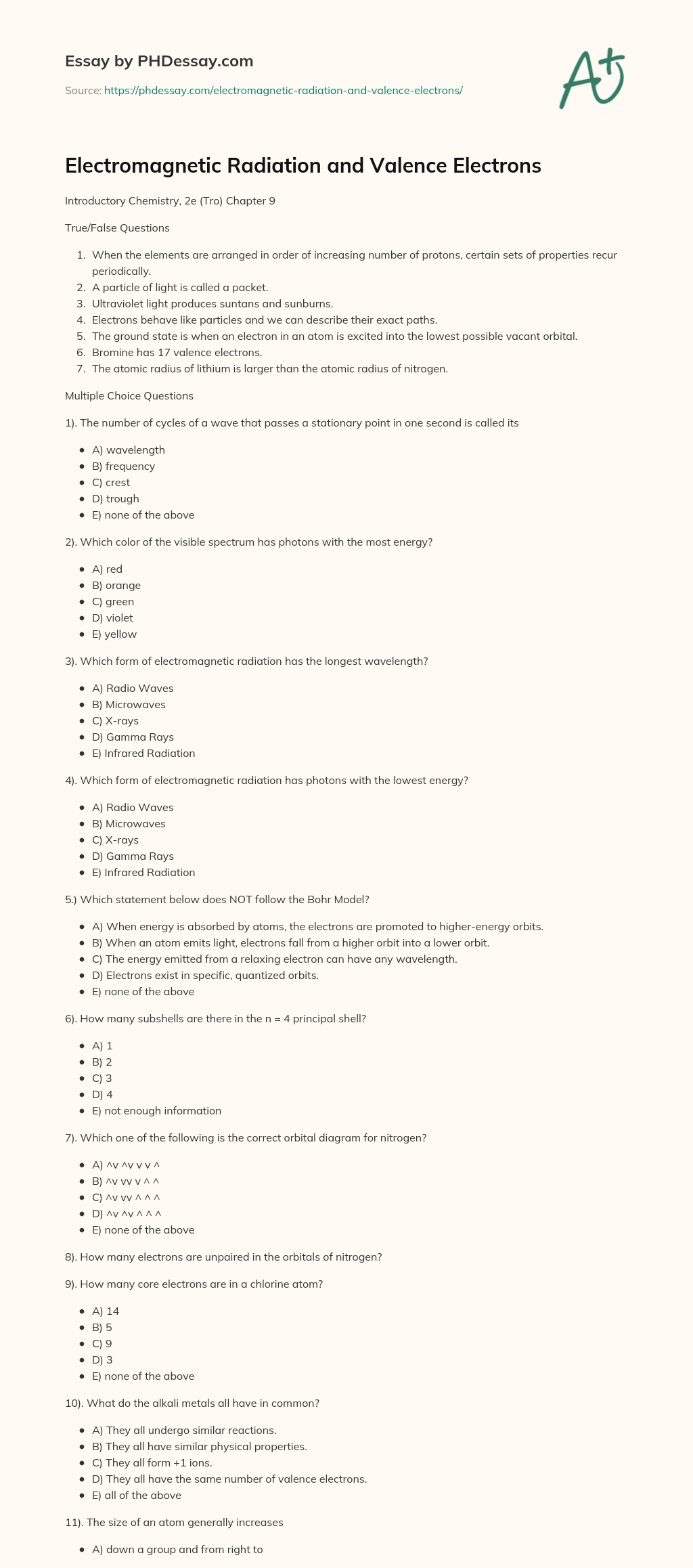 Electromagnetic Radiation and Valence Electrons essay