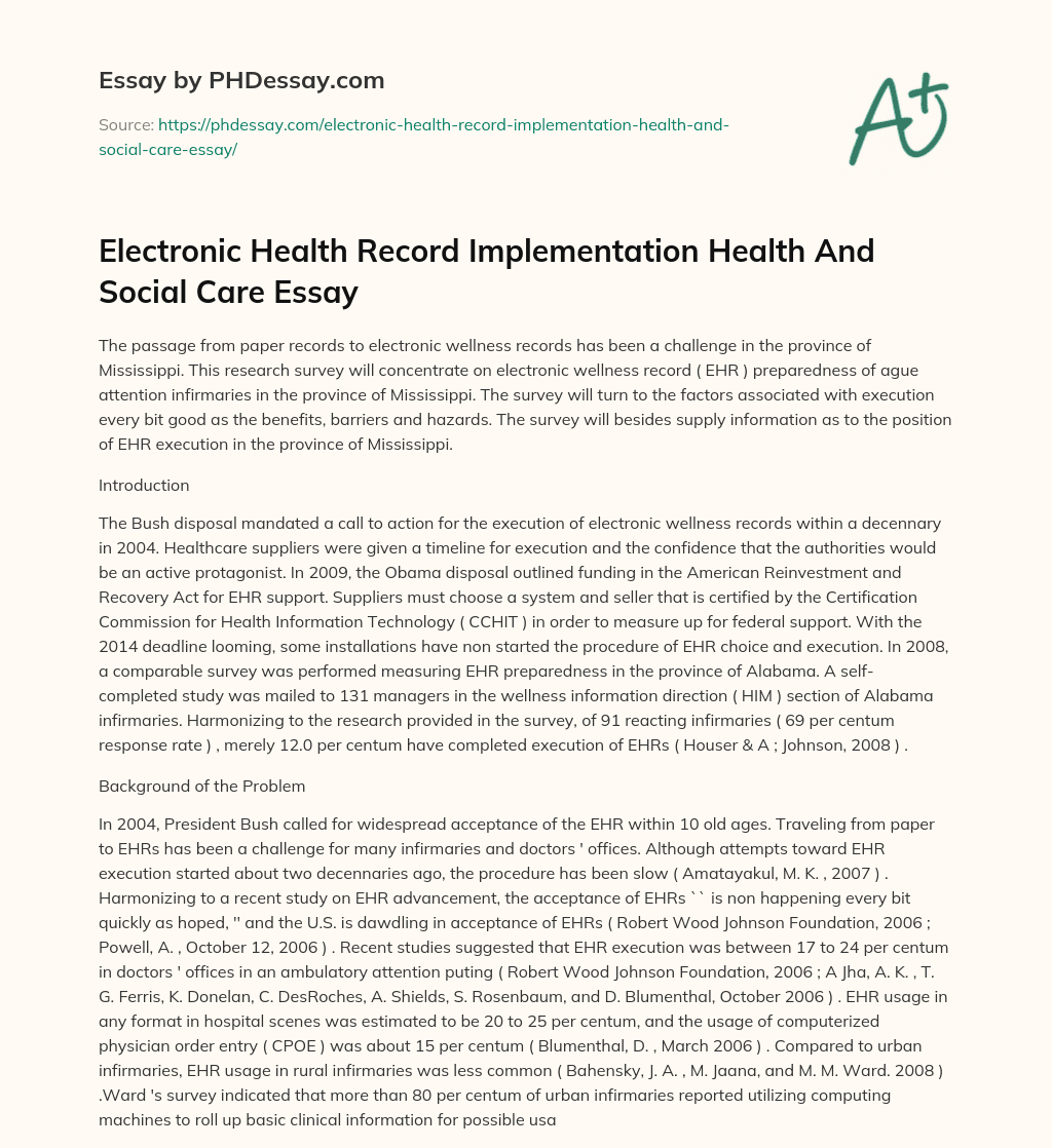 Electronic Health Record Implementation Health And Social Care Essay essay