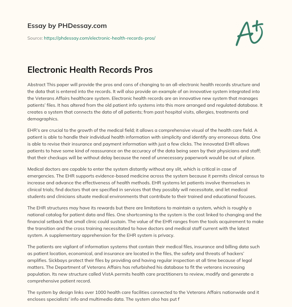 Electronic Health Records Pros essay