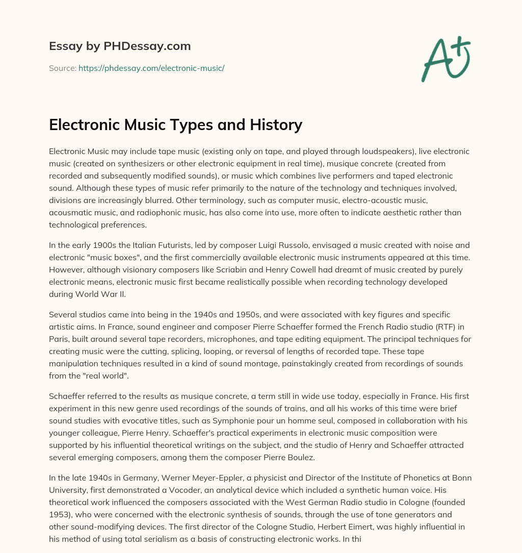 Electronic Music Types and History essay
