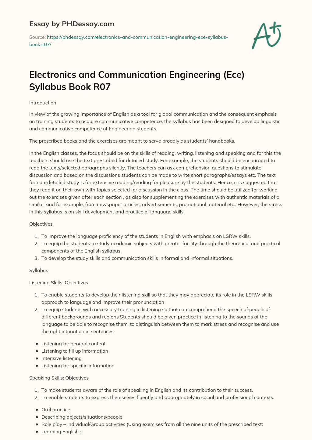 Electronics and Communication Engineering (Ece) Syllabus Book R07 essay