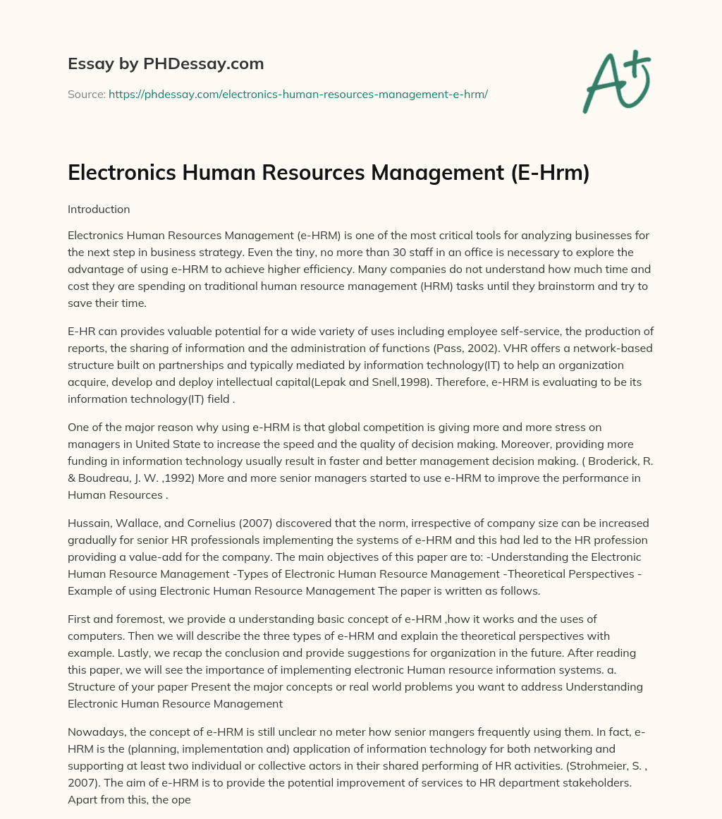 Electronics Human Resources Management (E-Hrm) essay