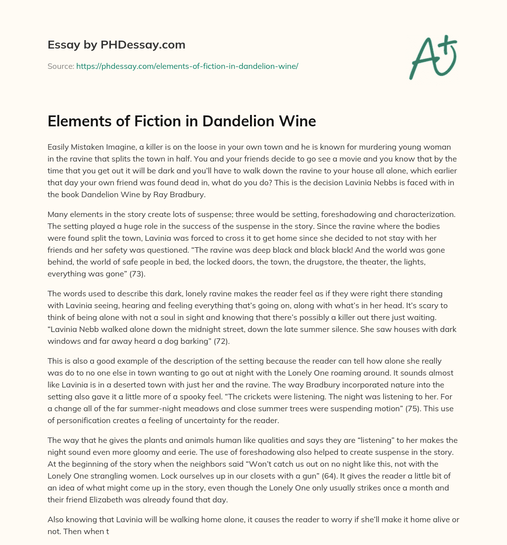 Elements of Fiction in Dandelion Wine essay