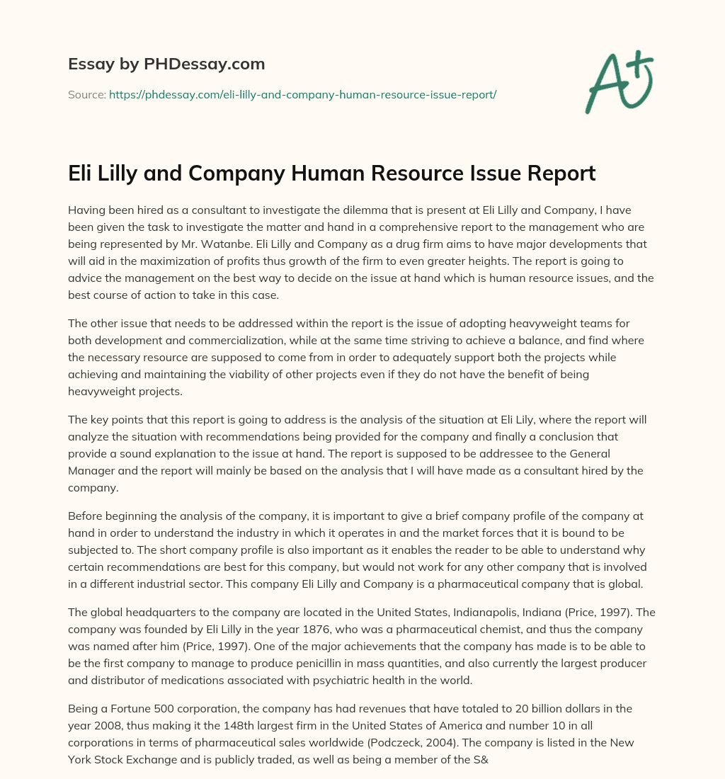 Eli Lilly and Company Human Resource Issue Report essay