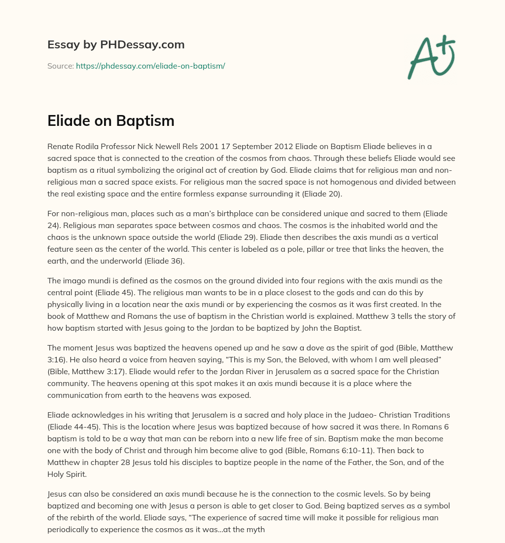 Eliade on Baptism essay