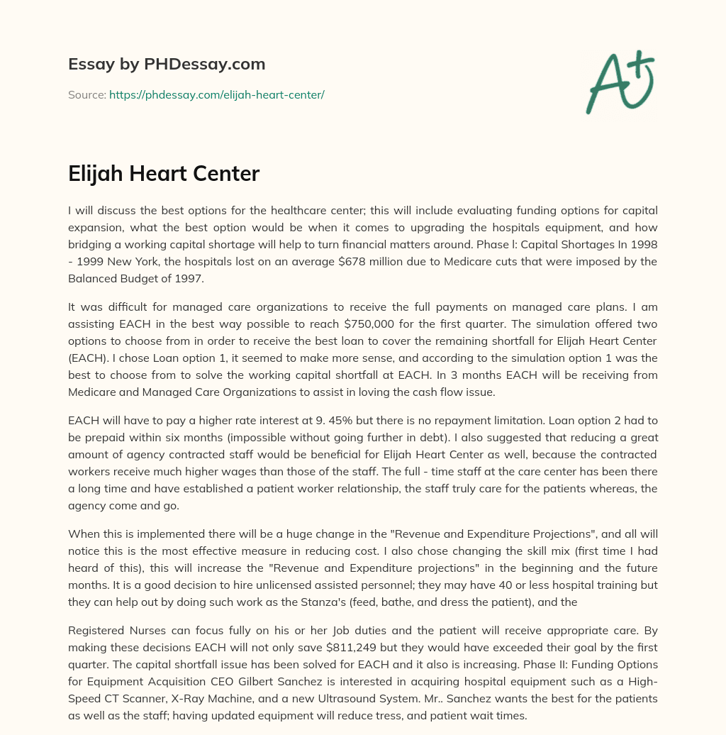 Elijah Heart Center essay
