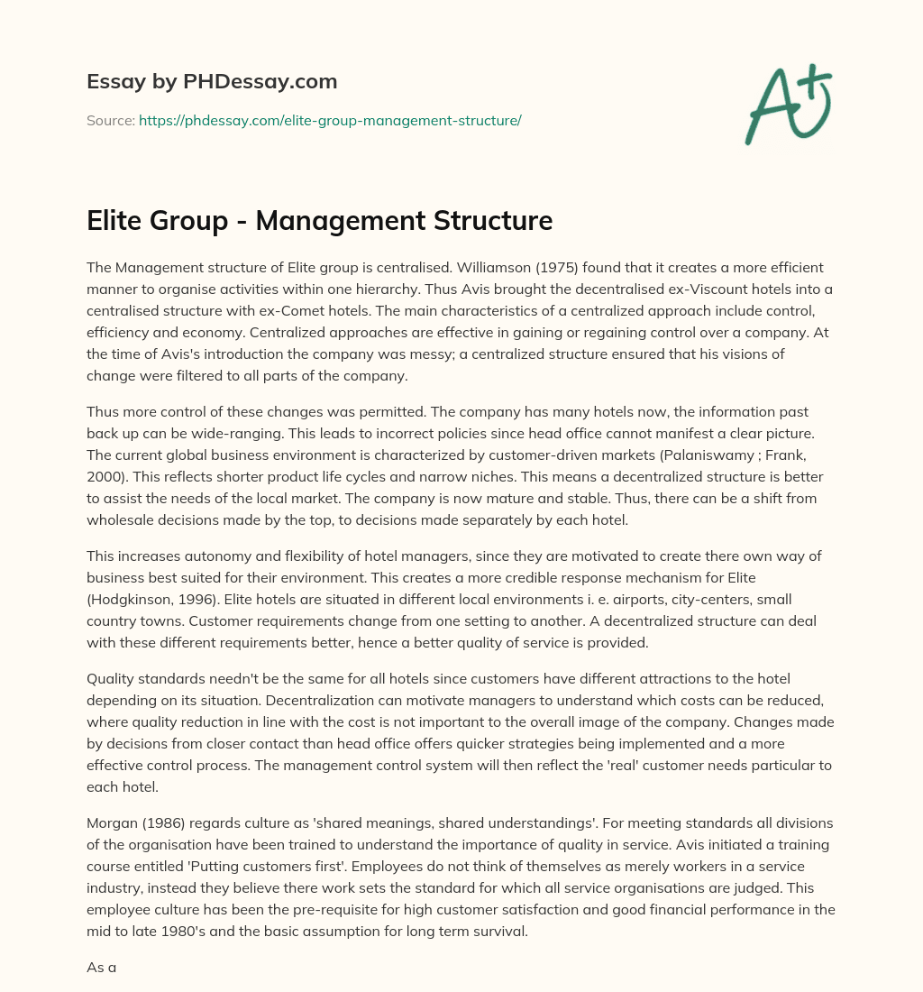 Elite Group – Management Structure essay