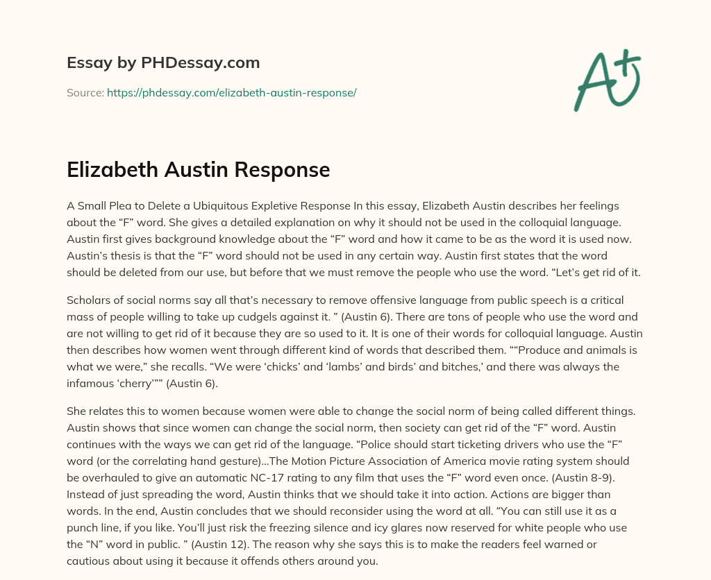 Elizabeth Austin Response essay