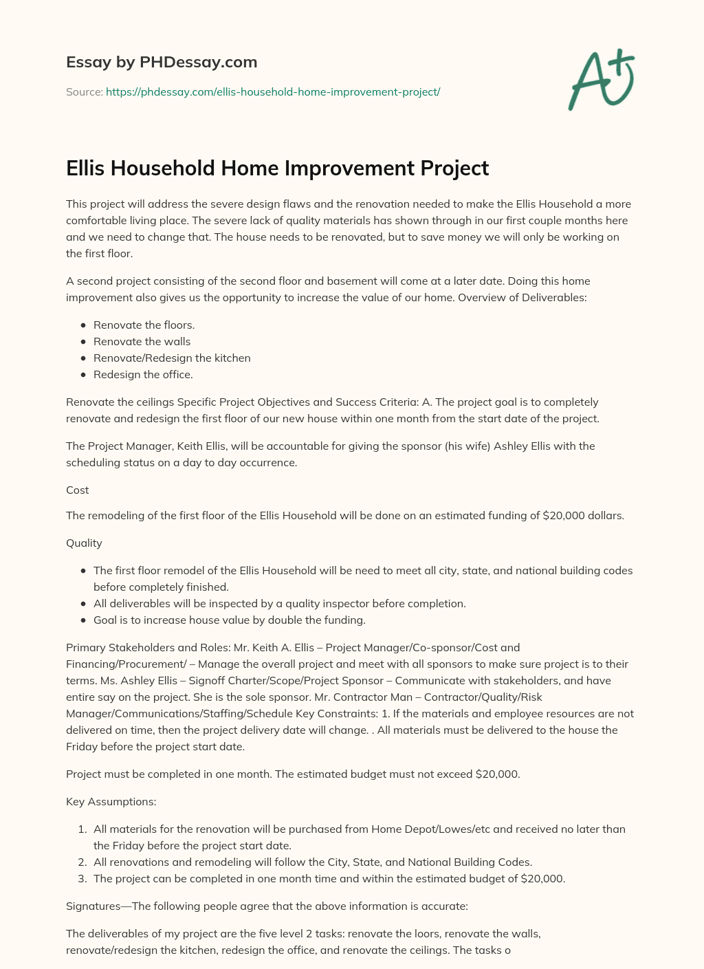 Ellis Household Home Improvement Project essay