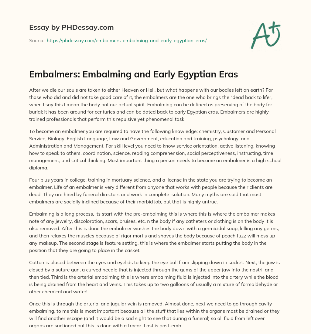 Embalmers: Embalming and Early Egyptian Eras essay