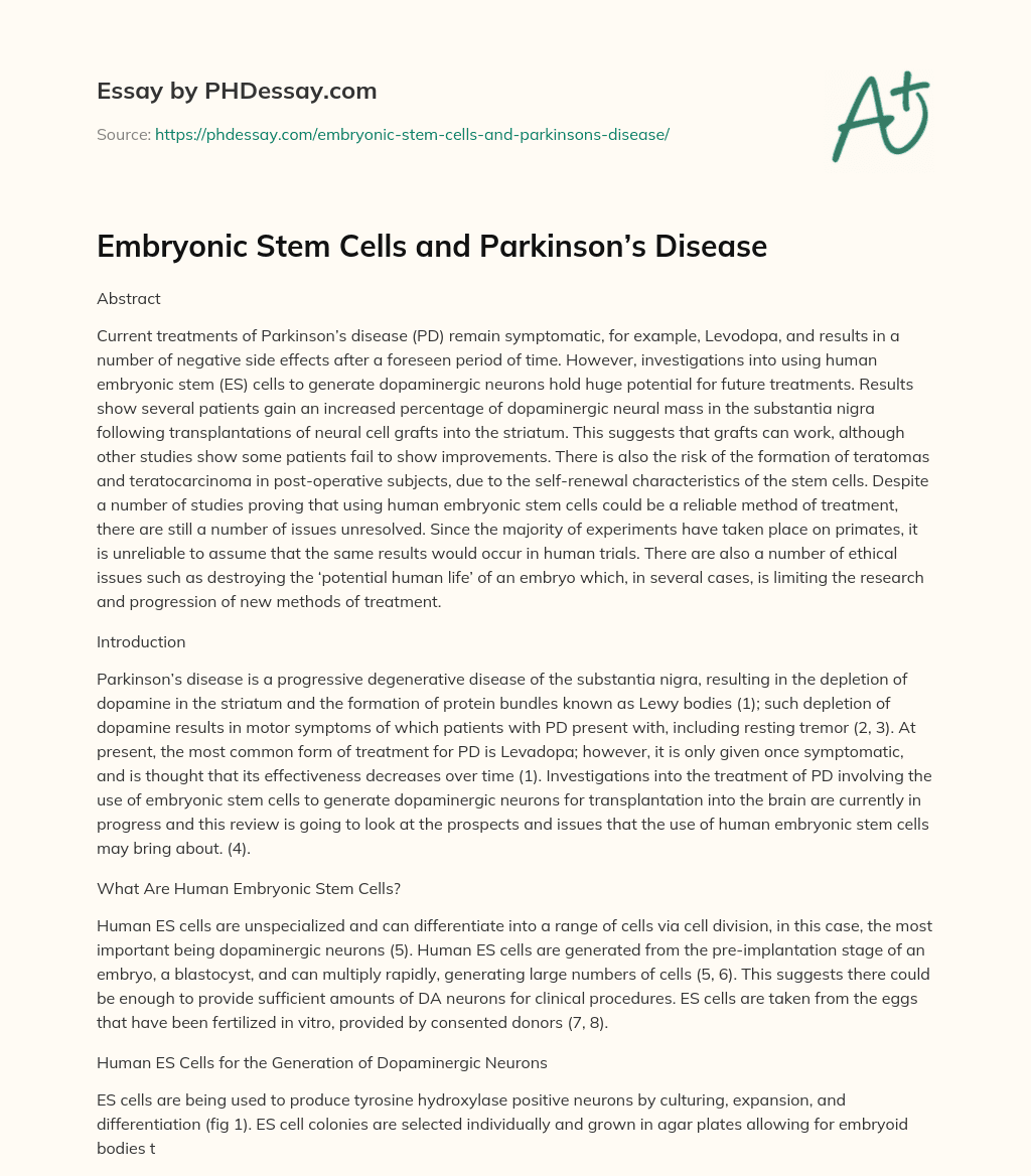 Embryonic Stem Cells and Parkinson’s Disease essay