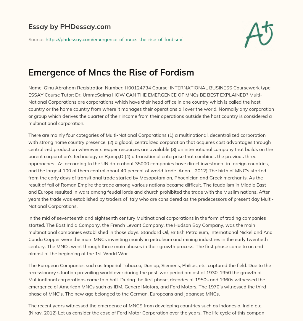 Emergence of Mncs the Rise of Fordism essay