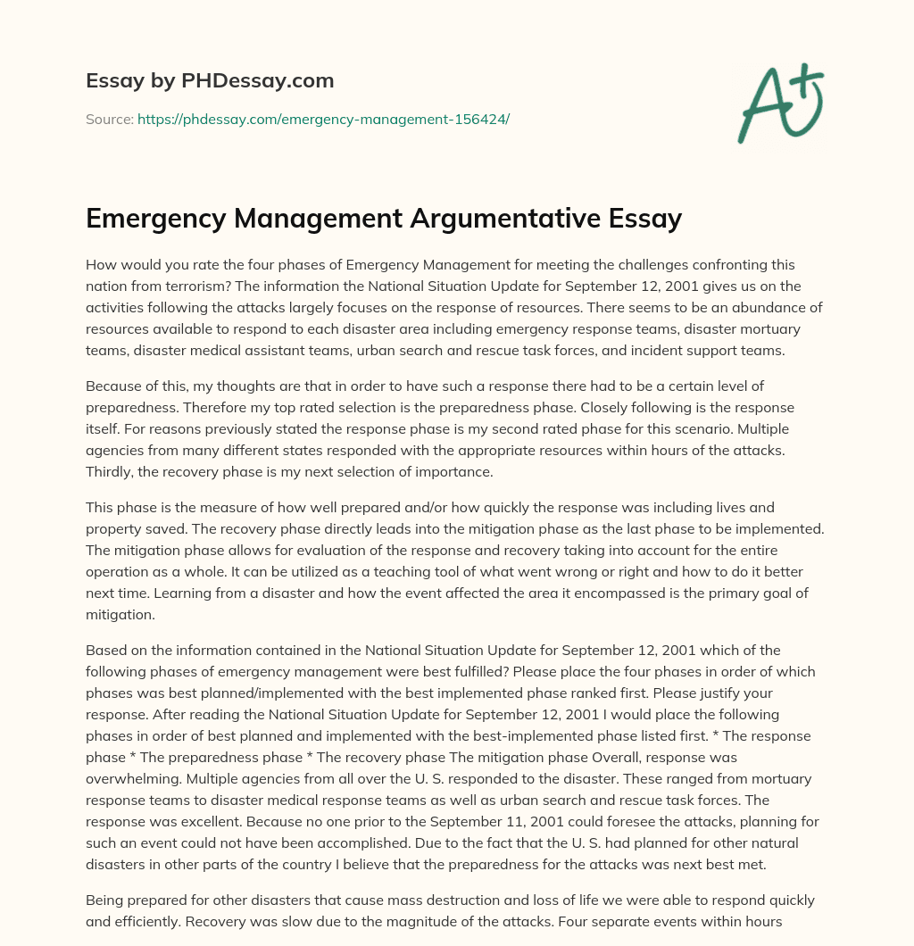 Emergency Management Argumentative Essay essay