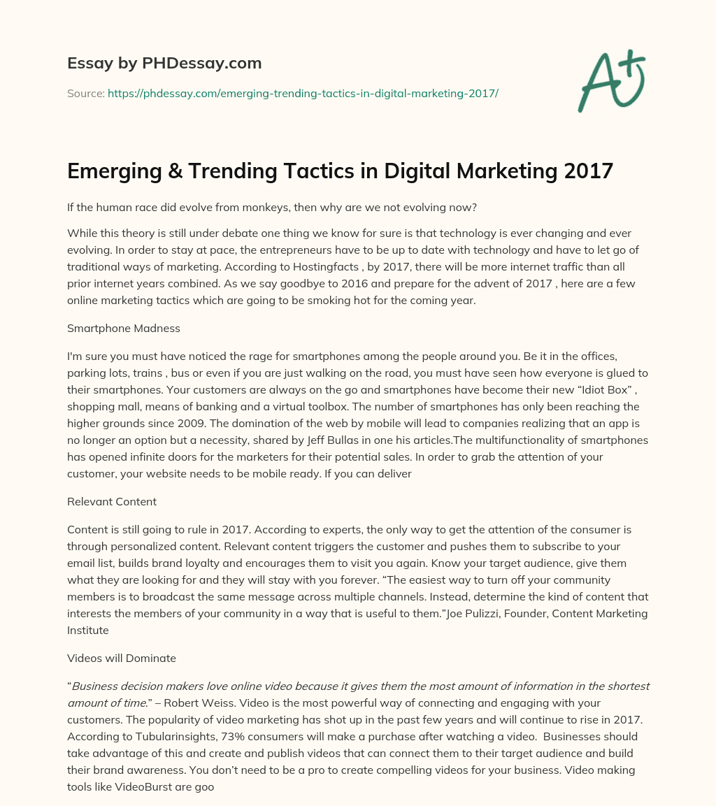 Emerging & Trending Tactics in Digital Marketing 2017 essay