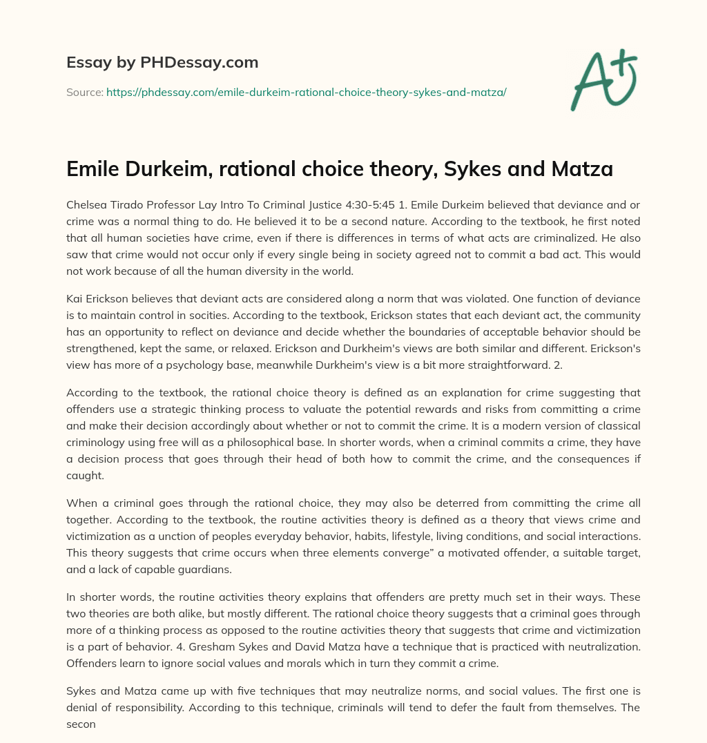 Emile Durkeim, rational choice theory, Sykes and Matza essay