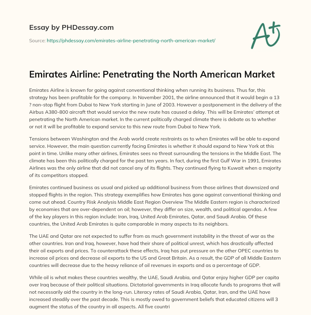 Emirates Airline: Penetrating the North American Market essay