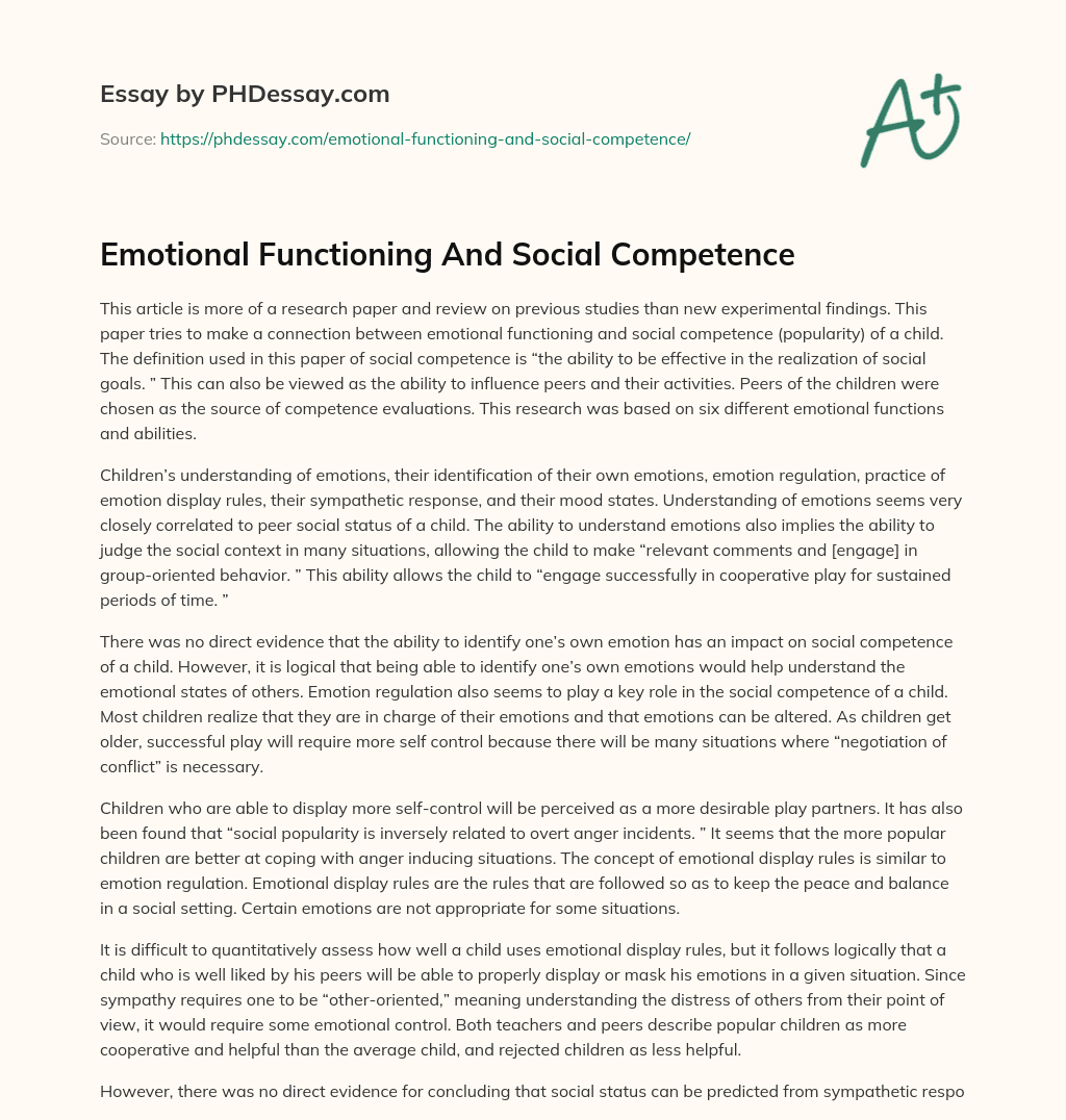 Emotional Functioning And Social Competence essay