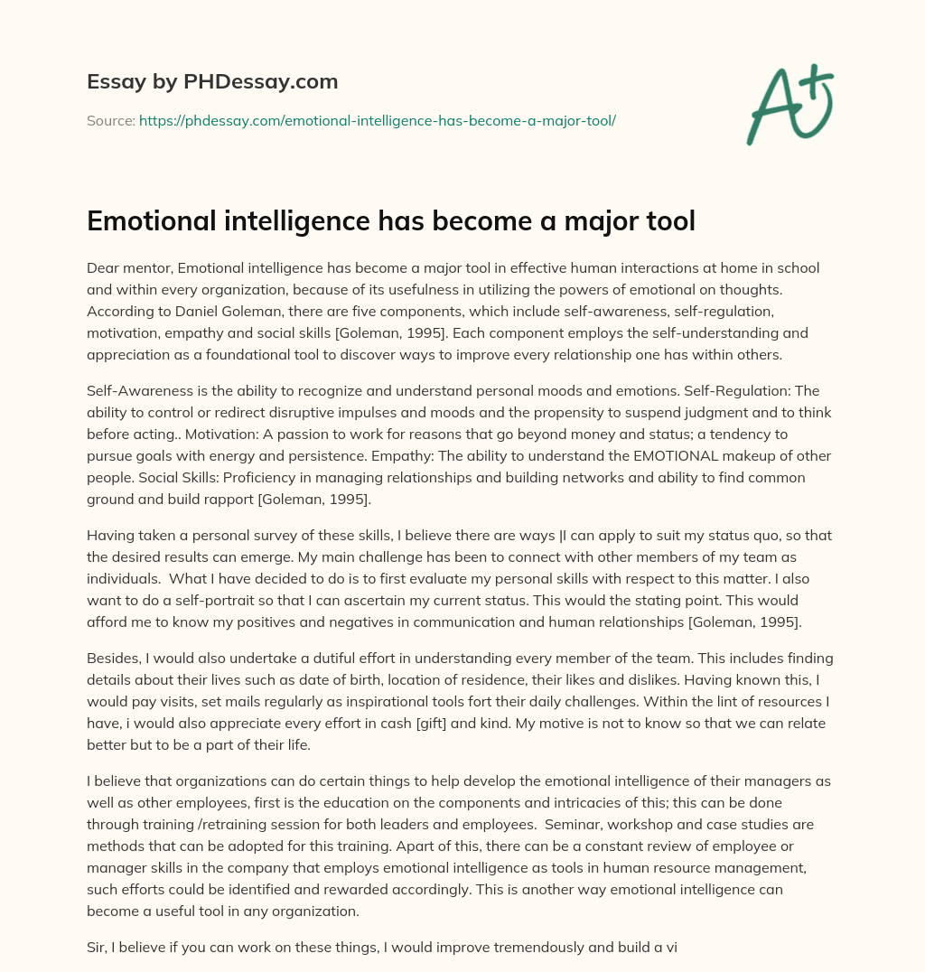 Emotional intelligence has become a major tool essay