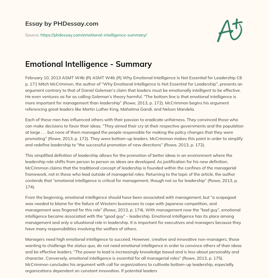 Emotional Intelligence – Summary essay