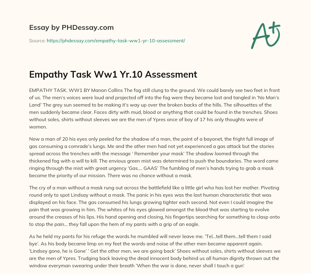 Empathy Task Ww1 Yr.10 Assessment essay