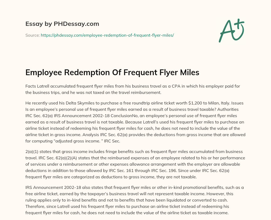 Employee Redemption Of Frequent Flyer Miles essay
