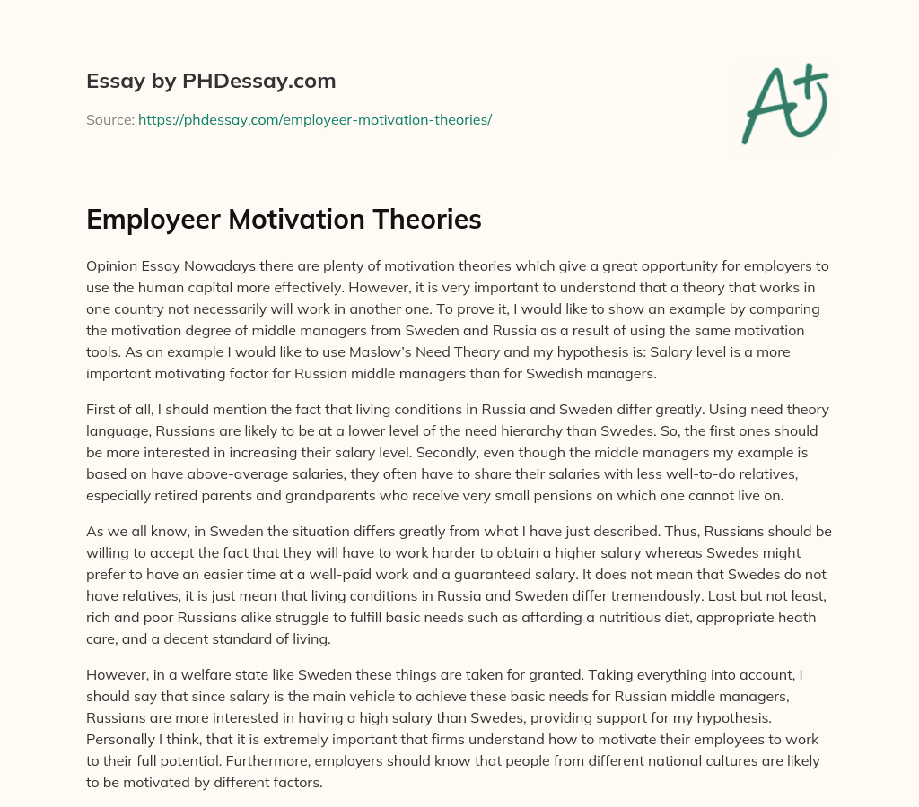 Employeer Motivation Theories 400 Words Phdessay