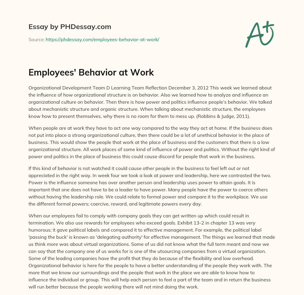 Employees’ Behavior at Work essay